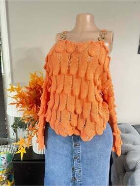 Off-Shoulder Orange Textured Knit Sweater